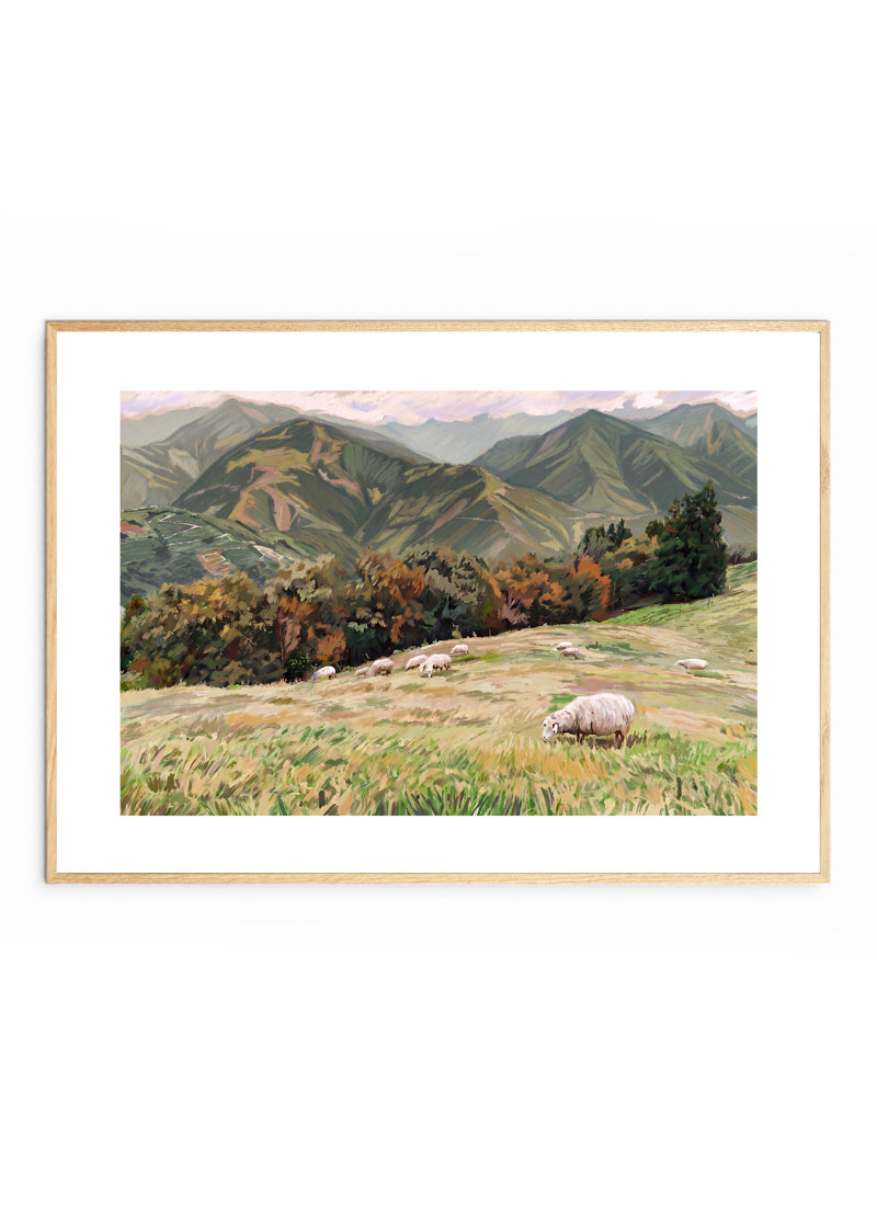 Of His Pasture framed scripture art print in a light oak frame