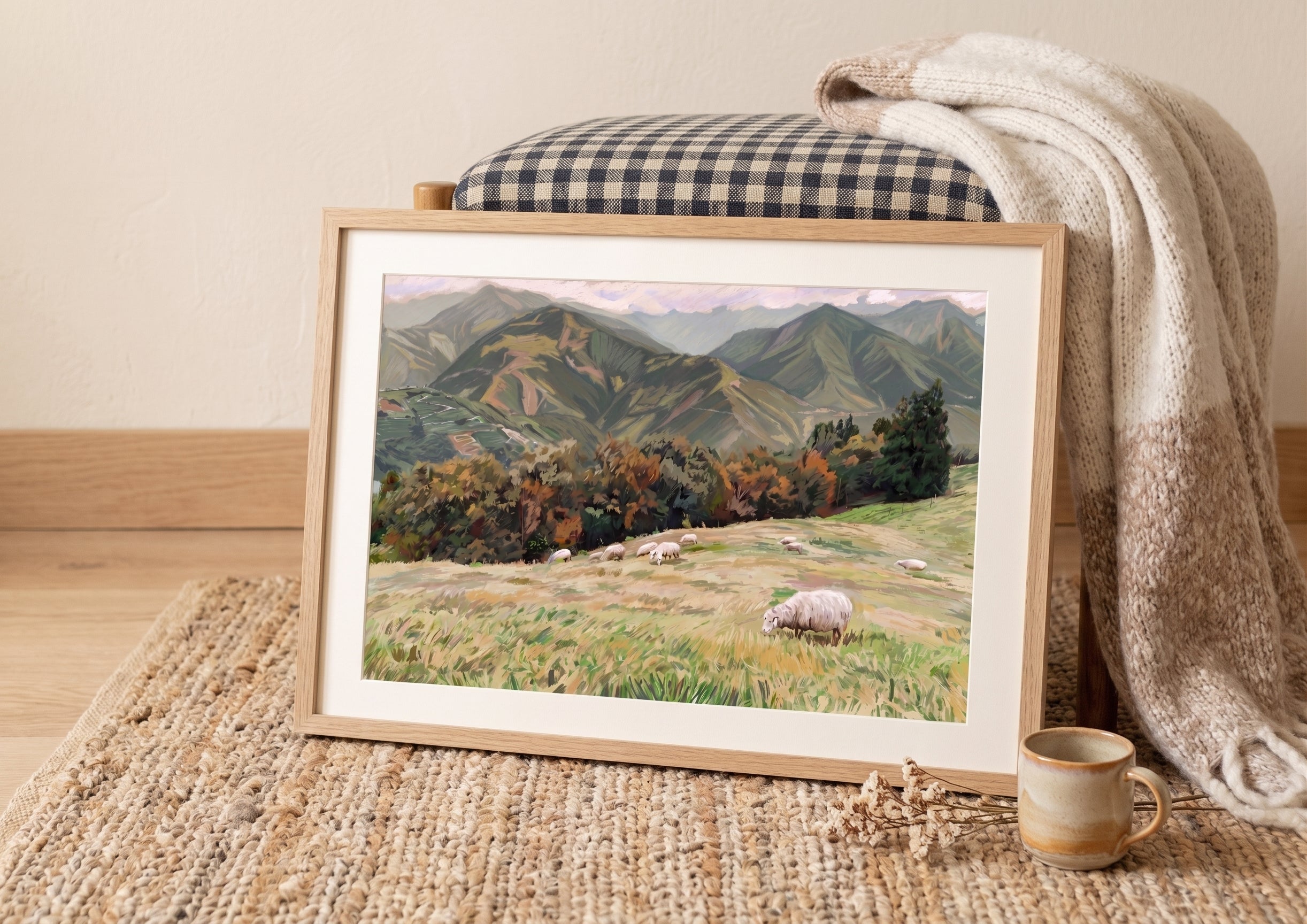 Of His Pasture scripture art print styled in a peaceful room setting