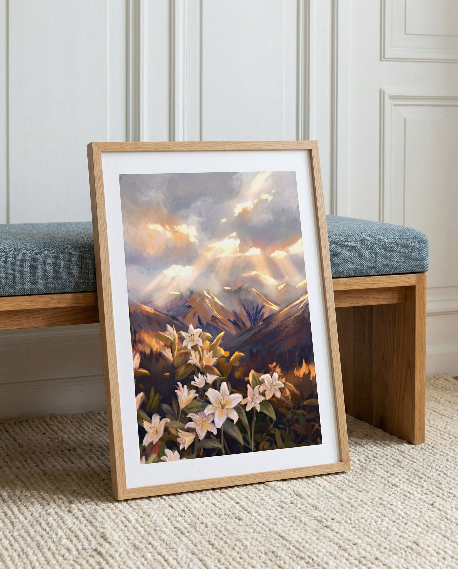 Consider The Lillies framed in a quiet interior